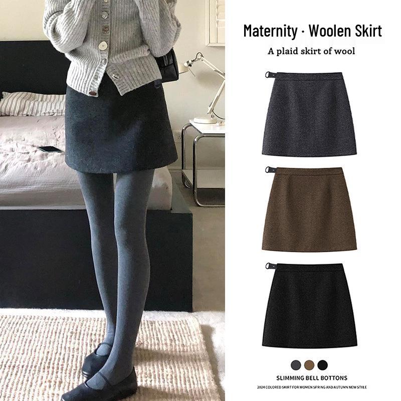 Maternity Deep Gray Wool A-line Hip-hugging Short Skirt - Spring/Autumn 2026 No Belly Support Slimming Winter Skirt 2XL