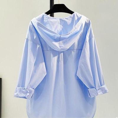 Camicia da donna Primavera Estate Monocolore con Cappuccio Casual Blusa da Donna Versatile Monopetto Cardigan Top Protezione Solare da Donna