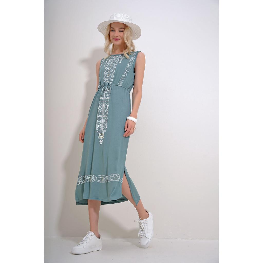 Rochie de damă neagră cu broderie imprimată boemă Alc-6564