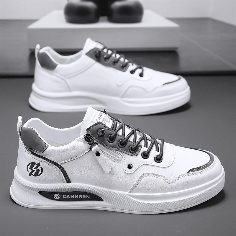 Men s Breathable Leather Slip-on Casual Shoes, Thick Sole, Spring/Autumn Style, Trendy White Sneakers 42