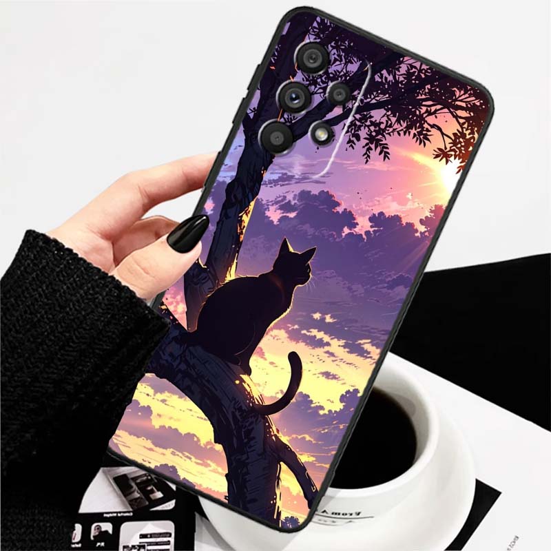 Cartoon Cat Cute For Samsung A73 A72 A71 A55 A54 A53 A52 A51 A13 A22 A16 A15 A12 A14 A26 A07 5G Black Phone Case