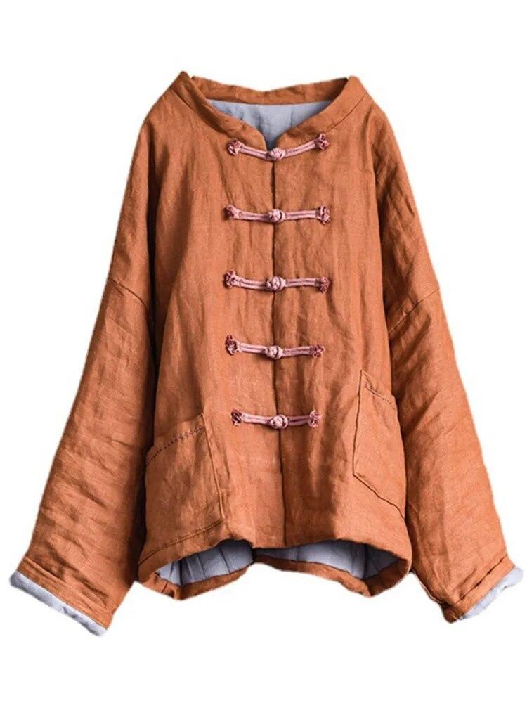 Johnature Dam Vintage Lin Parkas Knappar Enfärgade Rockar Vinter Ståkrage Plus Bomull Fickor Kvinna Kinesiska Parkas