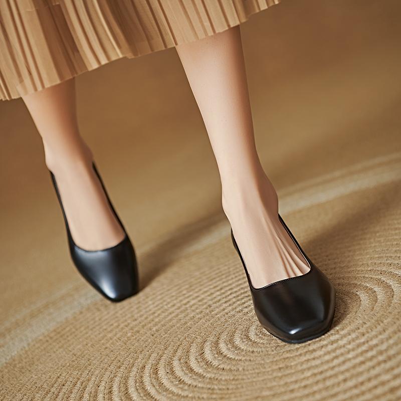 Women's High-heeled Single Shoes Simple and Versatile Thick Heel Large Size Square Head Shallow Mouth Low-top Shoes