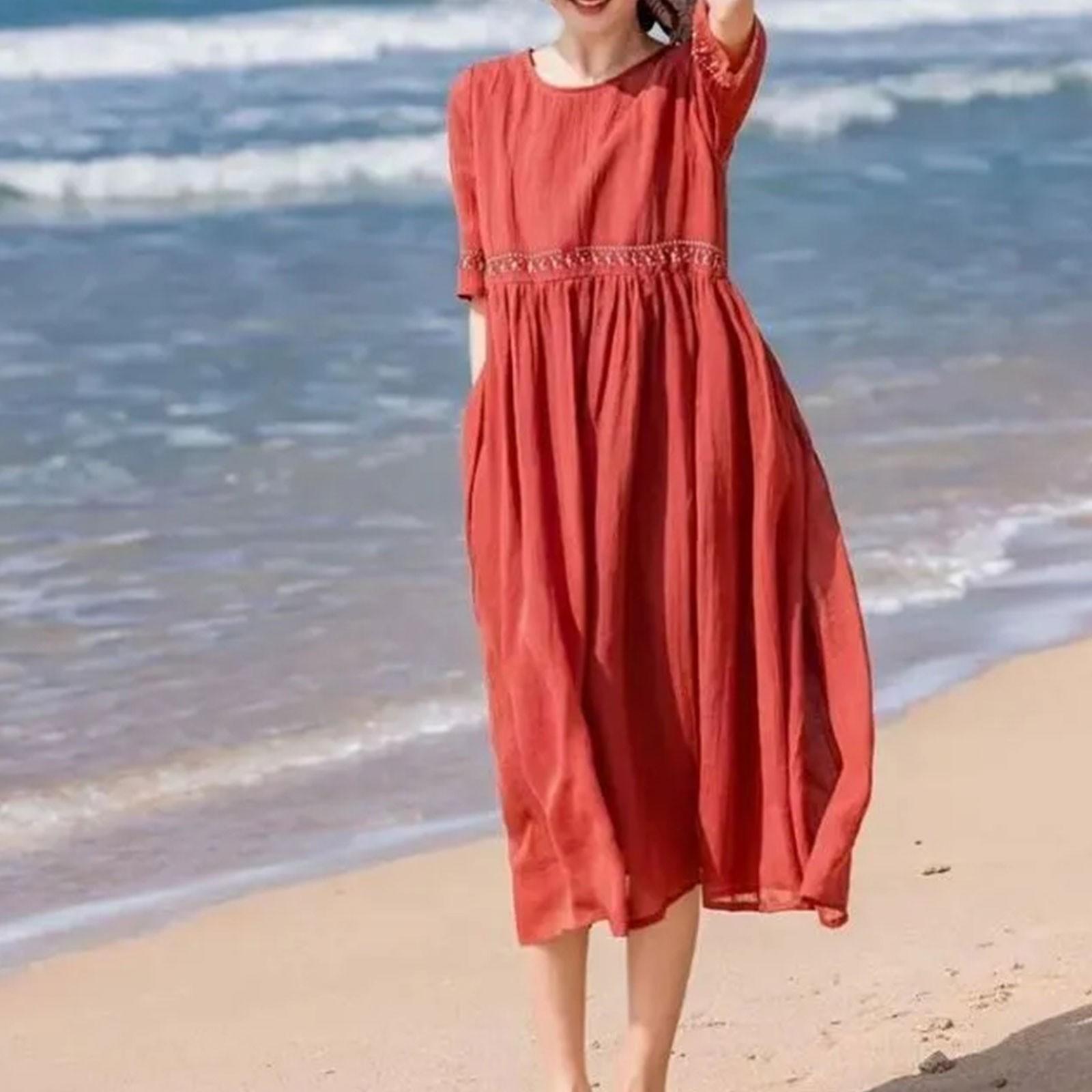 

Женское однотонное платье с французской вышивкой в ​​стиле ретро с короткими рукавами M красный