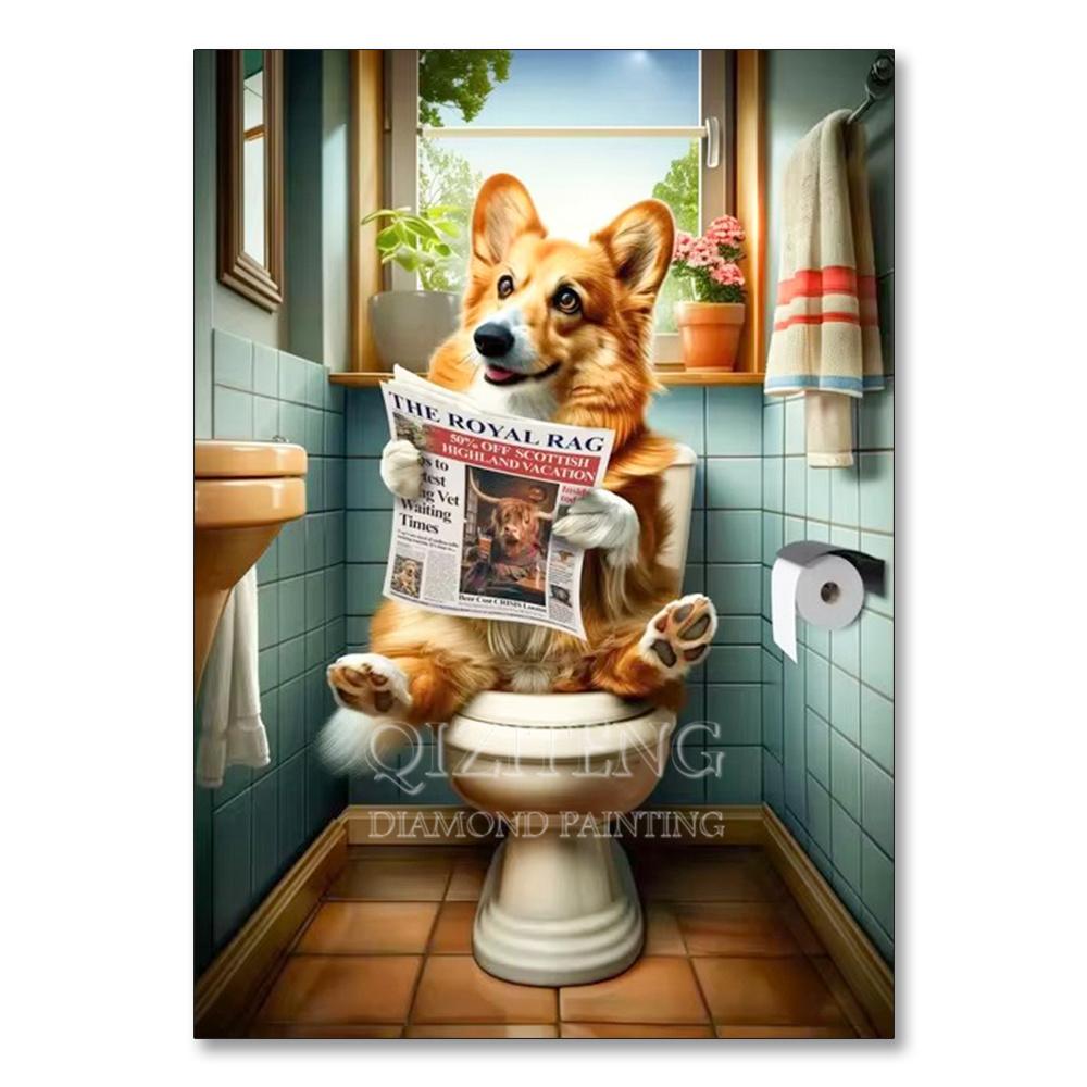 Dog Diamond Painting Cat Toilet Cartoon Diamond Mosaic Animal Full Round_Square Drill Embroidery Funny Bathroom Wall Decor Art