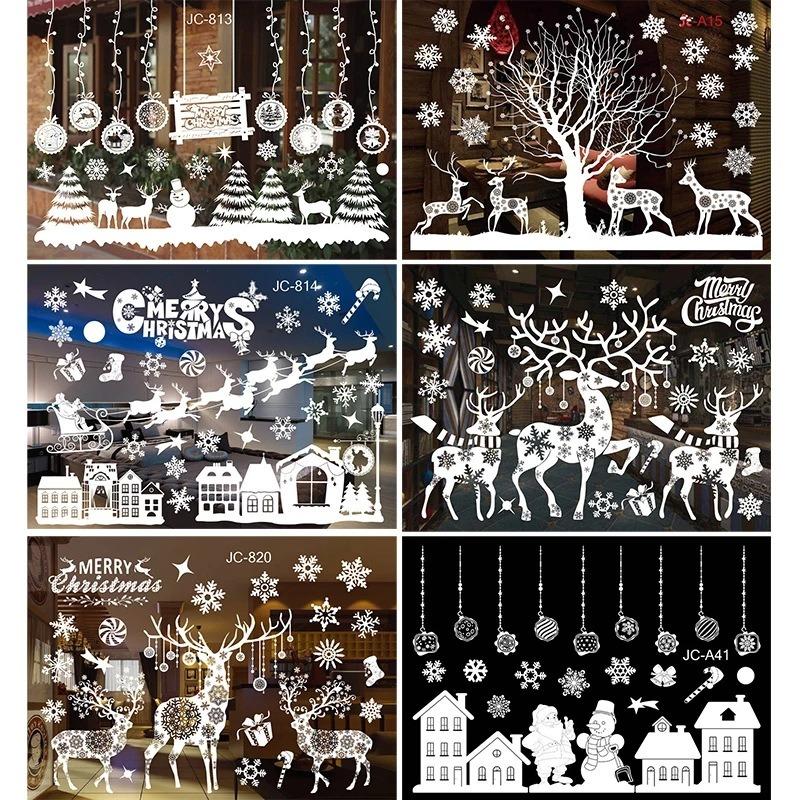 Weihnachtsdekorationen Farbige Weihnachtsfensteraufkleber Weiße Schneeflocken-Wandaufkleber Fensterdekoration Spurlose Fensteraufkleber