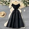 French Dress Women's New Skirt High-end One-word Shoulder Splicing Waist Jacquard Pendulum Puffy Dress