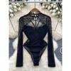 Fashion Ins Long Sleeve Jumpsuit Female Pure Desire Sexy Hollow-out Halter Thin Lace Silm Inner Bottoming Top