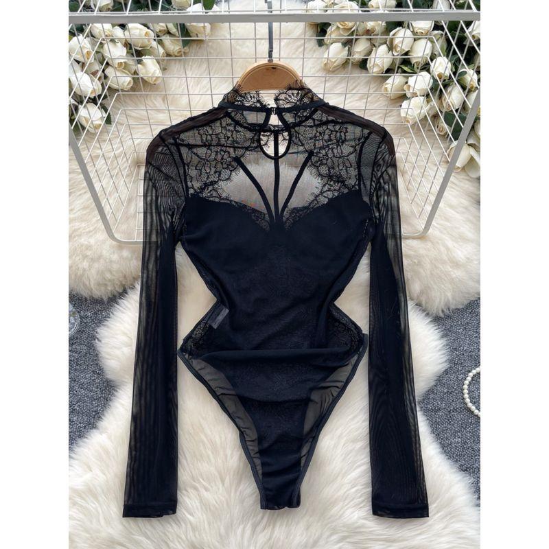 Fashion Ins Long Sleeve Jumpsuit Female Pure Desire Sexy Hollow-out Halter Thin Lace Silm Inner Bottoming Top