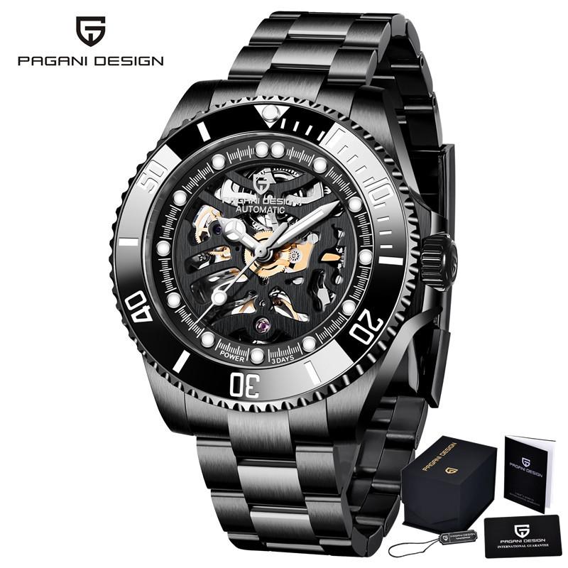 Pagani Design Automatic Mechanical Male Wristwatch Sapphire Glass Top Brand Luxury Black Stainless Steel Skeleton Men Watch 1659