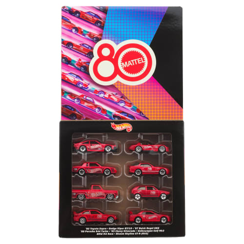 Hot Wheels Mattel 80th Anniversary 8-Pack Vehicle Toy Mini Cars, Ages 3 and Up, Red, JGK09