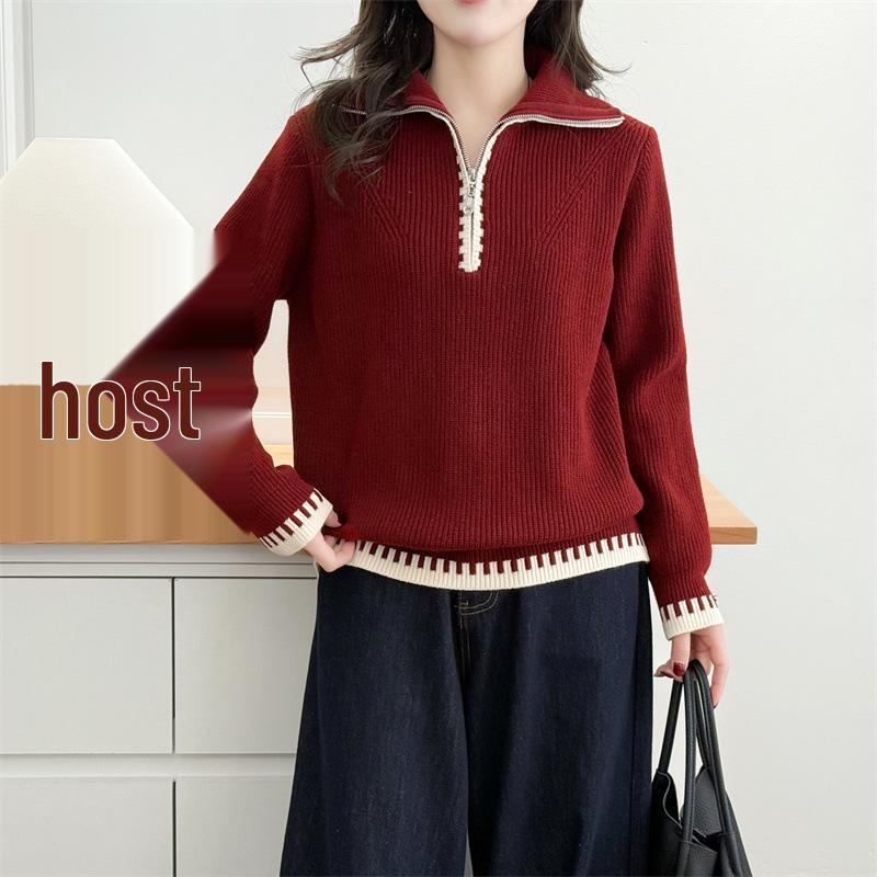 

2026 Spring Plus Size Color Block Zipper Pullover Sweater for Women XL красный