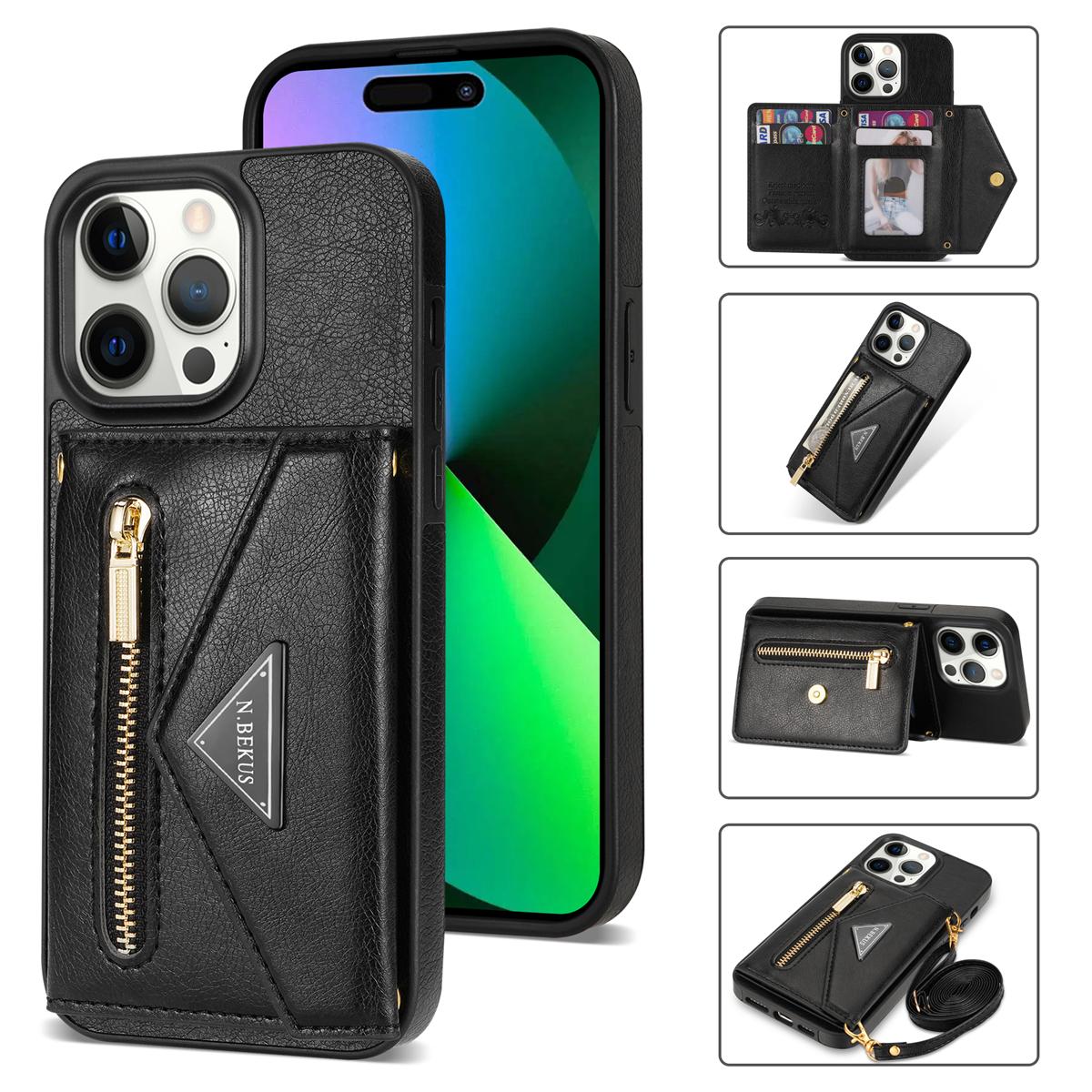 

N.BEKUS For iPhone 16 Pro Case Card Slot Zipper Wallet Leather Phone Cover with Shoulder Strap Black