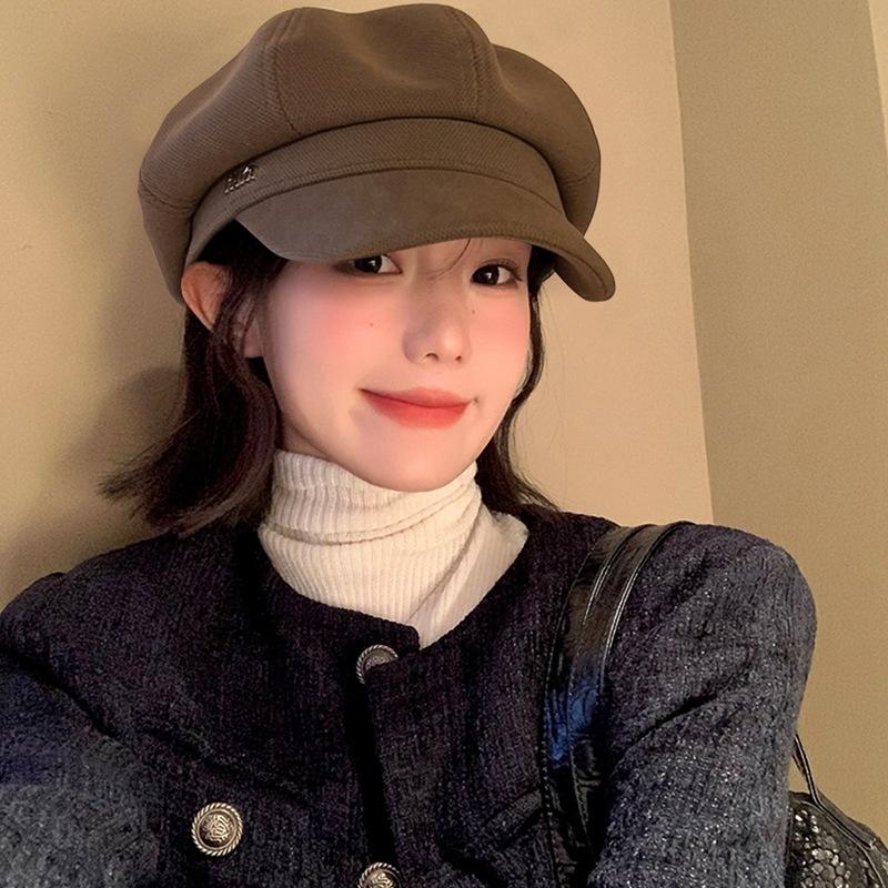 Hat women's autumn and winter new high-end cap octagonal beret showing face small painter hat