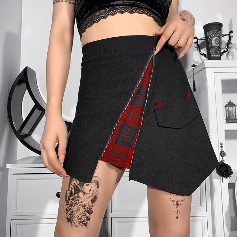 Women Gothic Punk Black Skirt Harajuku High Waist Zipper Mini Skirts Streetwear