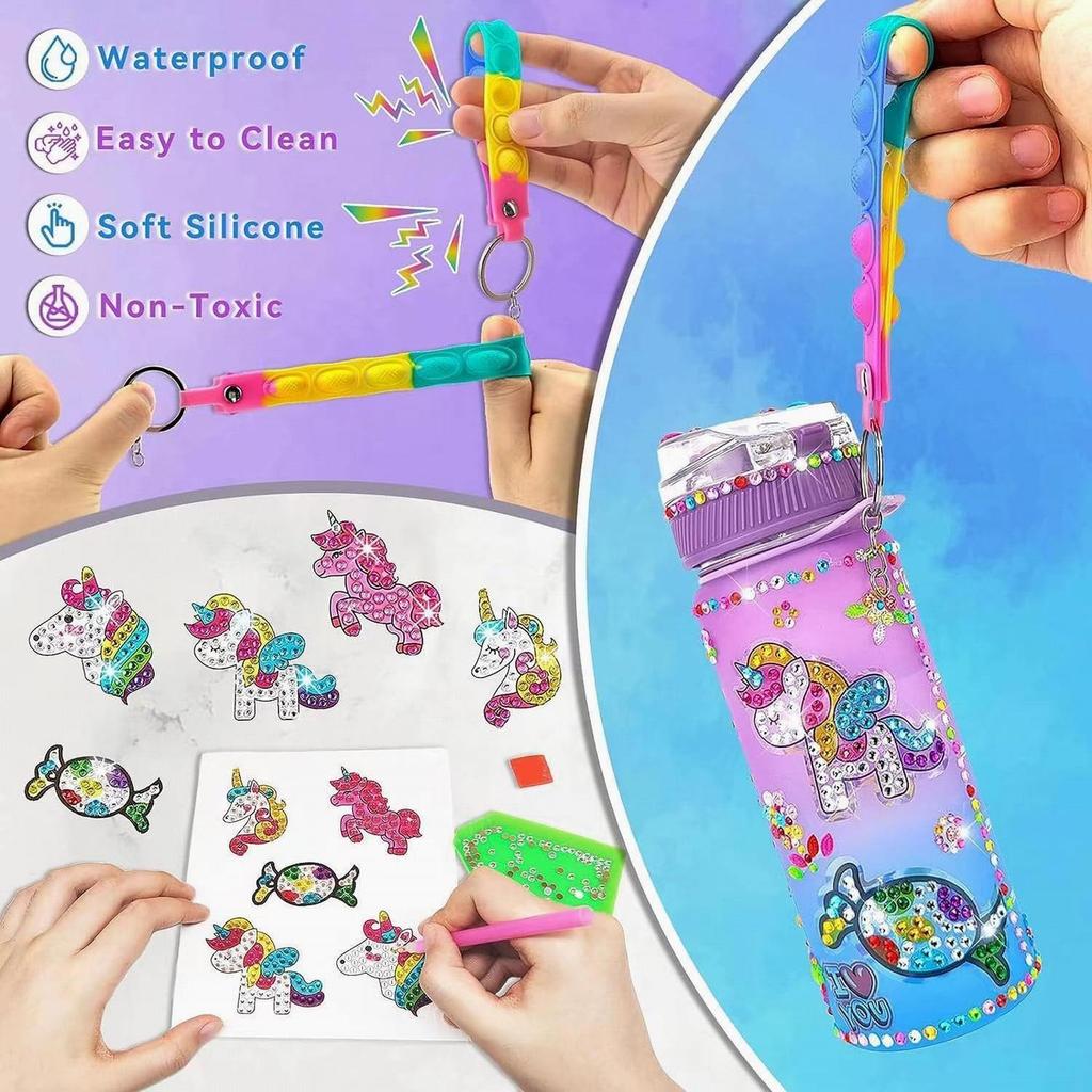 Creative DIY Gemstone Kids Water Bottle 600ml Rainbow Unicorn for School & Outdoor, Holiday Gift for Boys Girls Age 4-6-8-10, Multicolor