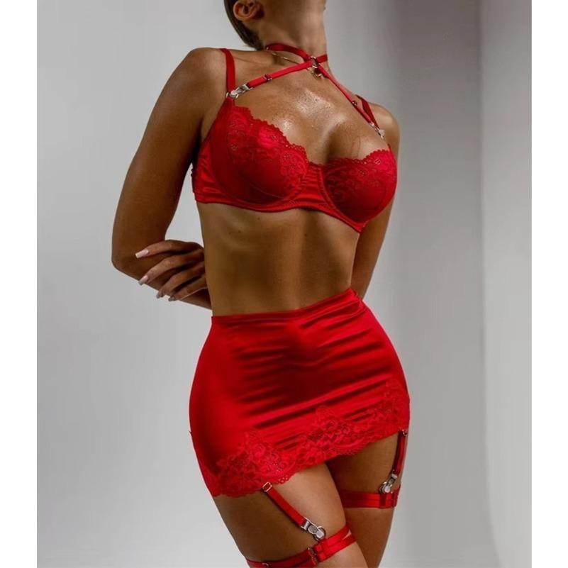 4 Pieces Sexy Lingerie Sets Women Hot Halter Lace Bra and Panty Garters Mini Skirt Set Sissy Erotic Costumes Romantic Underwear