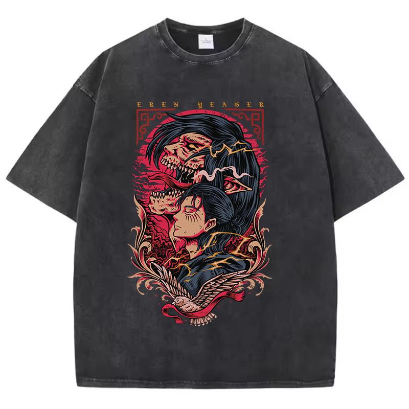 Anime Attack On Titan TShirt Hip Hop Oversized Streetwear Vintage Printed Washed Short Sleeve T Shirt Summer Male Tops