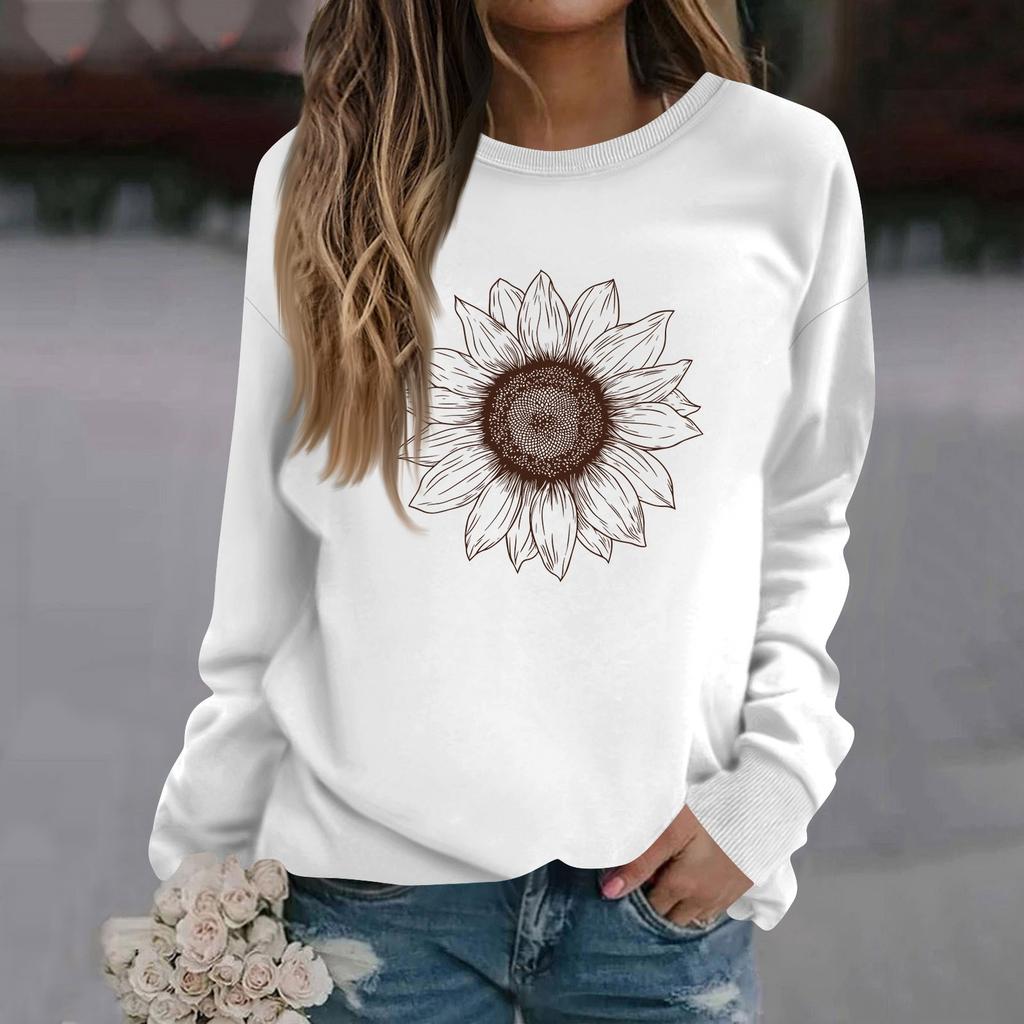 Sweat-shirt décontracté à manches longues et col rond pour femme, couleur unie, imprimé