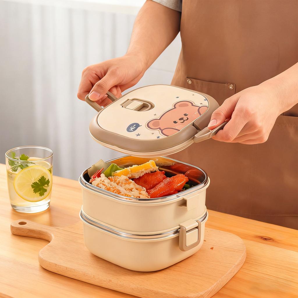 WORHTBUY Cute Square Insulated Food Container With Spoon Portable Large Capacity Stackable 304 Stainless Steel Lunch Box For Kid