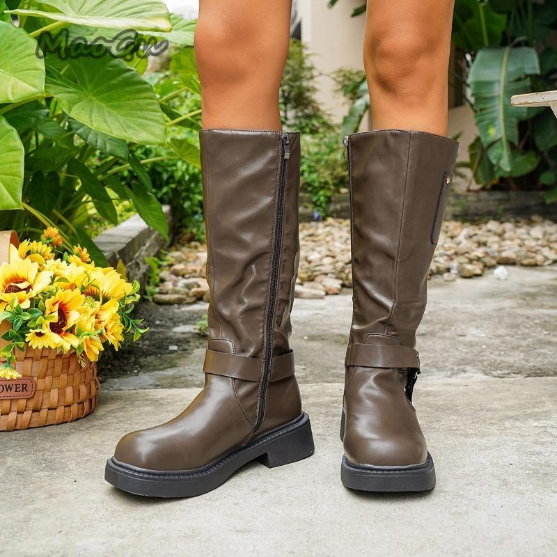 Belt Buckle British Style Side Zipper Mid Heel Boots  Autumn New Rivet Knight Boots for Women Pu Leather Fashion Botas Mujer