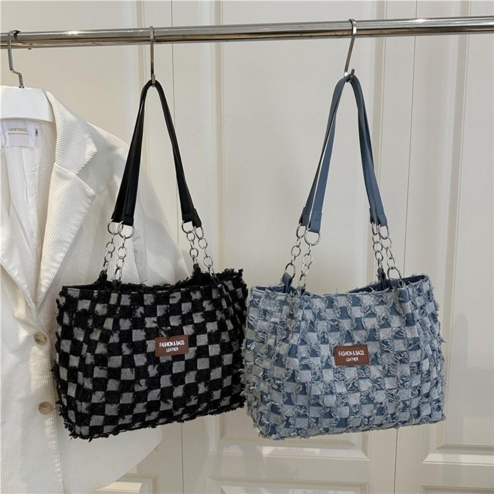 Fashion Vintage Denim Shoulder Bags Plaid Beggar Style Women's Tote Bag Versatile Jeans Commuting Bags Handbag
