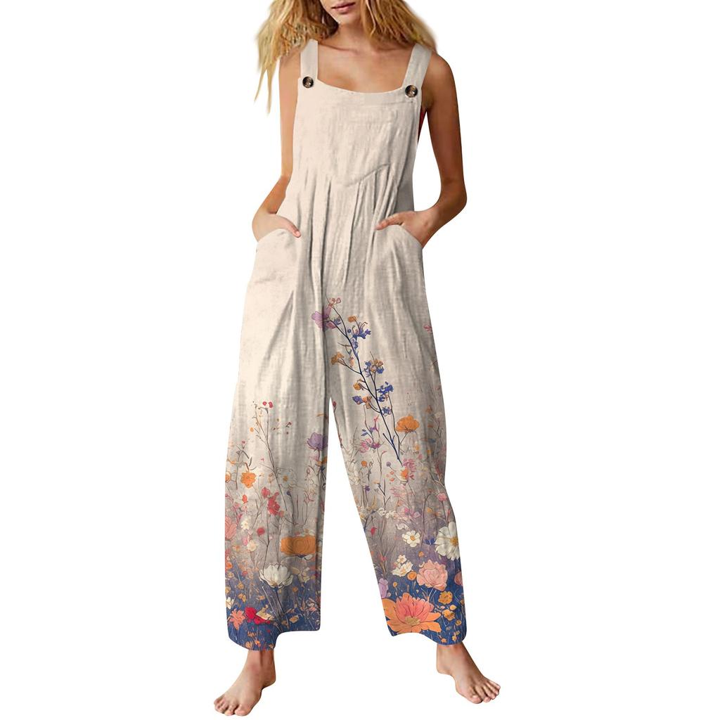 Women's Casual Jumpsuit, Sleeveless Printed Cotton Jumpsuit
