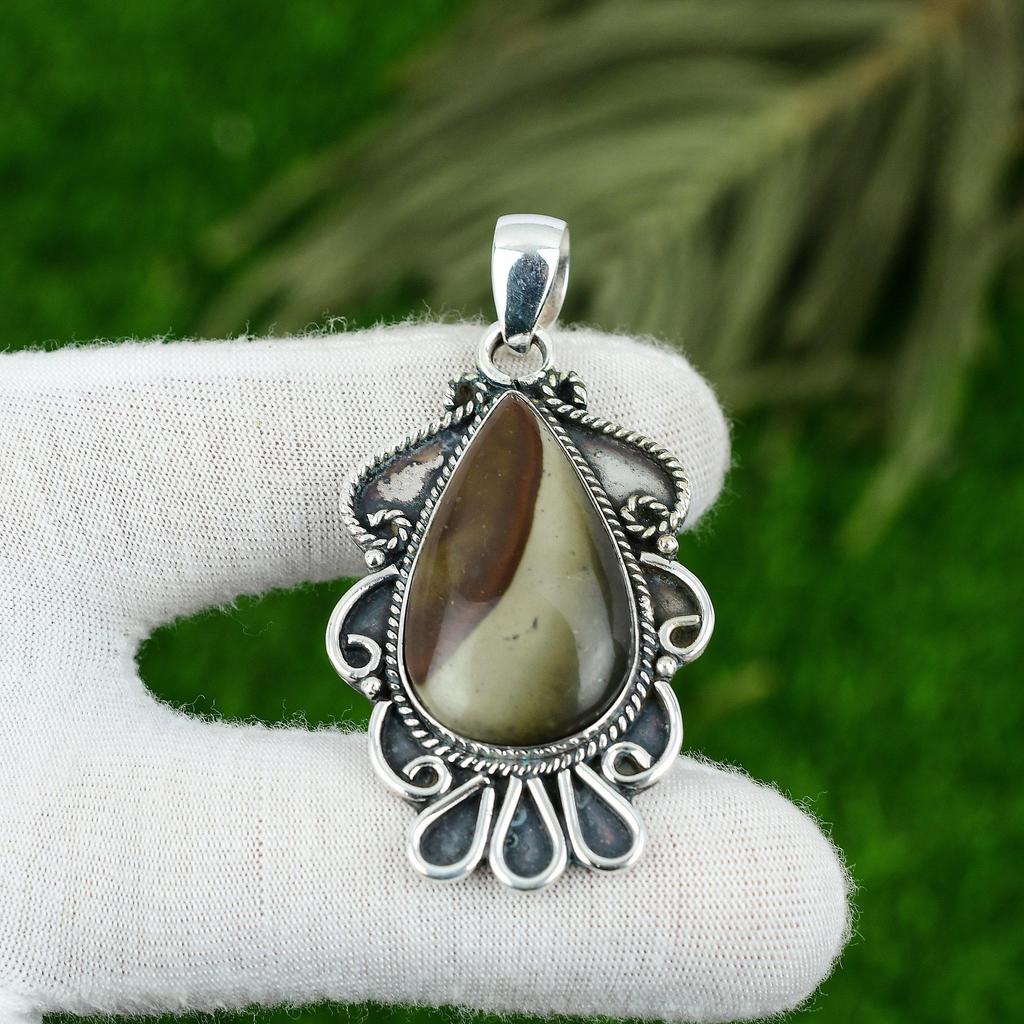 Daughters Day Sale 925 Silver Polychrome Jasper Stone Ethnic Birthday Pendant