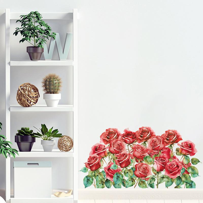Romantic Red Roses and Green Plants Wall Sticker for Valentine Day Home Decor Bedroom Hallway Entrance