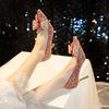 Rimocy Red Shiny Sequins Thin Heel Pumps Women 2025 Fashion Crystal Bow Wedding Party Shoes Woman Bling High Heeled Bridal Shoes