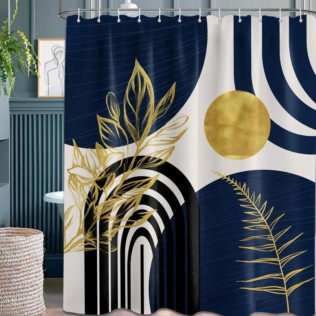 Mid-Century Modern Shower Curtain Bathroom Decoration with Black and Gold Leaves Bathtub Shower Curtain