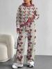 European, American autumn and winter blue splicing flower casual long-sleeved suit women's hooded sweater trousers two-piece set