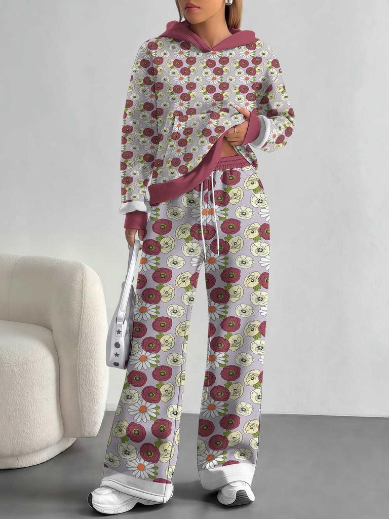 European, American autumn and winter blue splicing flower casual long-sleeved suit women's hooded sweater trousers two-piece set