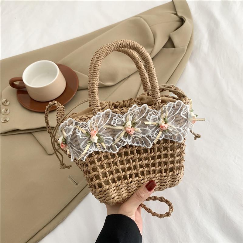 Yogodlns Handwoven Messenger Bag Rattan Flower with Lace Bow Design Shoulder Bag Portabl Storage Crossbody Handbag for Daily Leisure