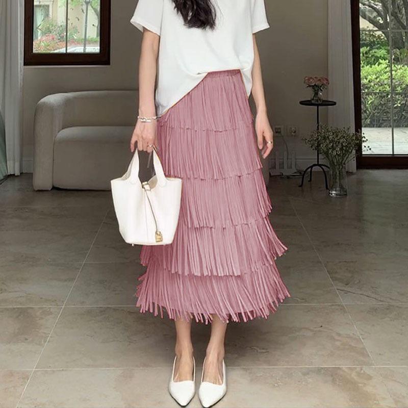 

Mizhai high-end fringe layer by layer splicing cake skirt children s new niche temperament versatile and thin skirt One size fits all рожевий