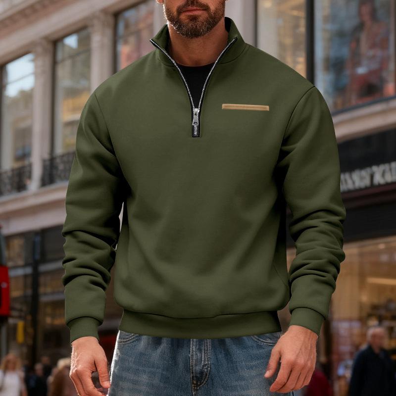 Men's Casual And Trendy American- Fleece Heavy-duty Loose Hoodie, Men's Warm Stand-up Collar Semi-pull Connection Solid Color Sports Hoodie
