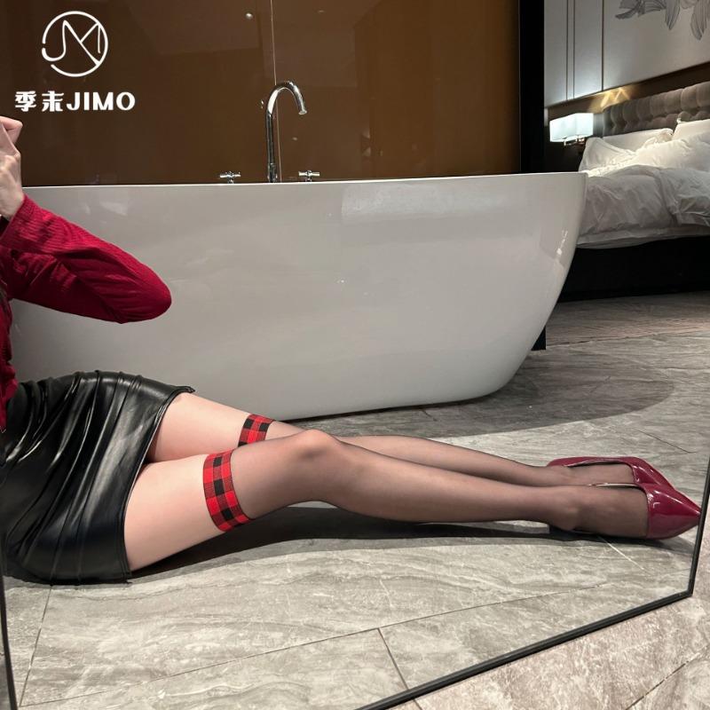 Sex Underwear New Plaid Red Edge Black Silk Contrasting Color Knee Thigh Socks Ultra-thin Pure Black Silk Knee Stockings