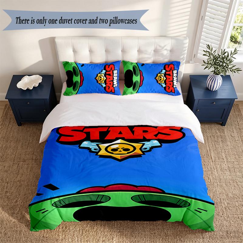 Brawl Stars 3‑Piece Bedding Set Soft Microfiber Duvet Cover Pillowcases Comfortable Bed Linen for Bedroom Decoration