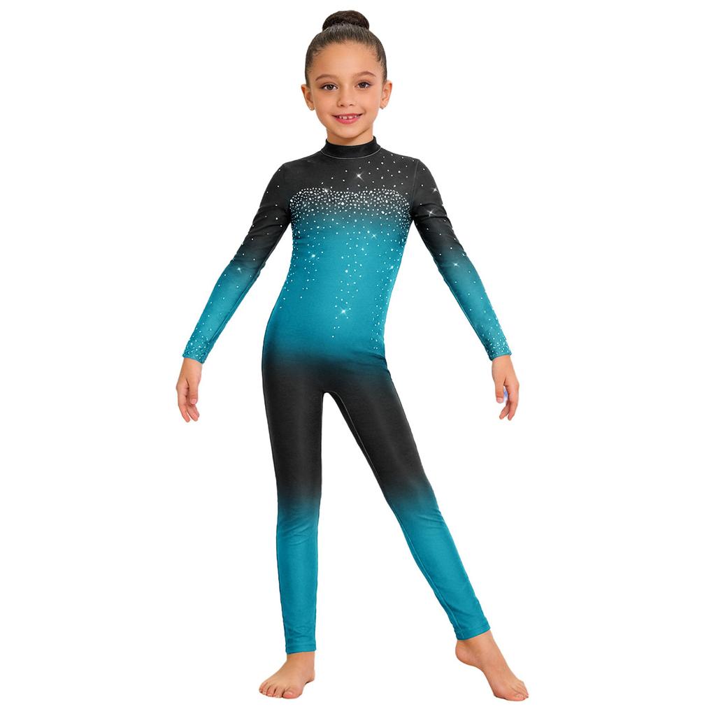 Kids Girls Asymmetrical Rhinestone Ballet Dance Leotard Sheer Mesh Gymnastics Jumpsuit Full Body Suit Figure Skating Dancewear