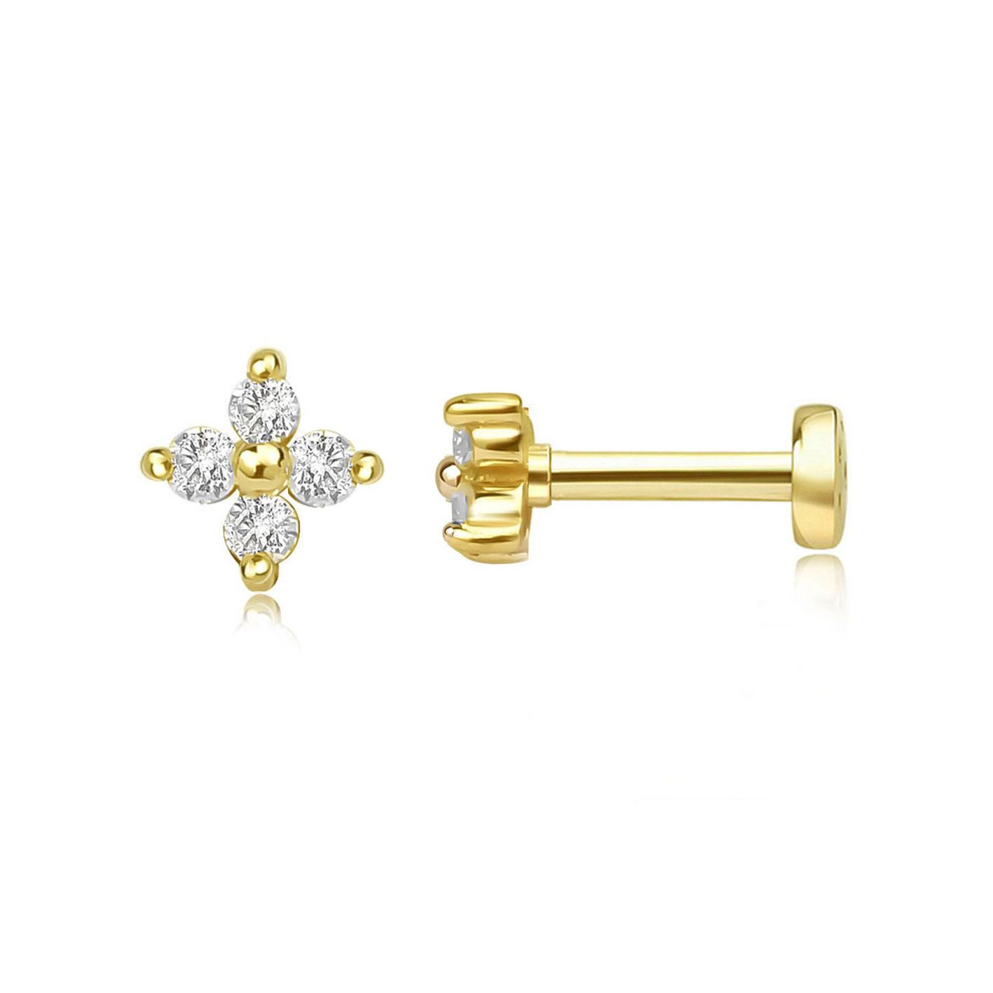 S925 Silver Geometric Four-Leaf Flower Zircon Stud Earrings for Ear Nose Lip Tragus Piercing 4mm 1.2*8mm - thick and long