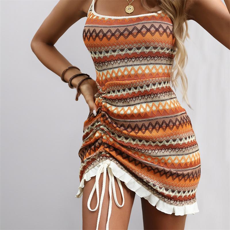 Summer Seaside Vacation Strap Skirt Ethnic Style Colorful Embroidered Sexy Dress XL