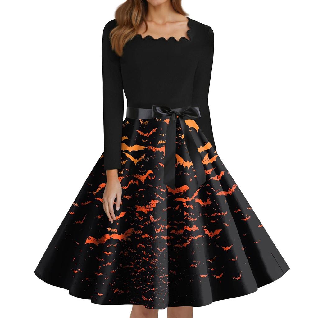 Women's Fashion Square Neck Casual Slim Halloween Printed Long Sleeve Dresses