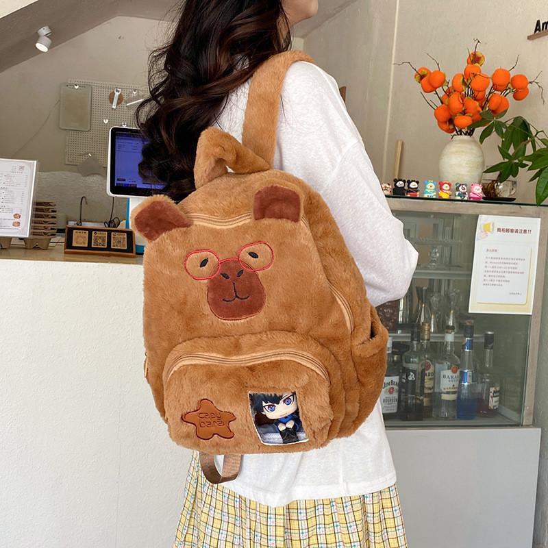 Plush Cartoon Capybara Backpack With Front Pouch For Teen School Travel