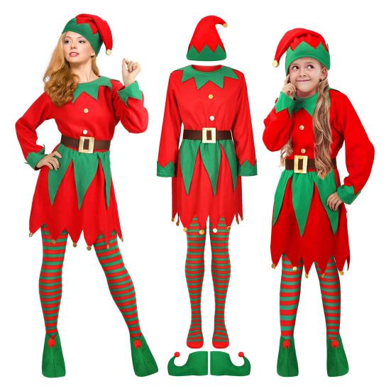 1 Set Christmas Elf Costume Kids Women Elf Outfit Red Green Dress Hat Striped Stockings Elf Ears Shoes Belt Set for Girls Christmas Parties Cosplay