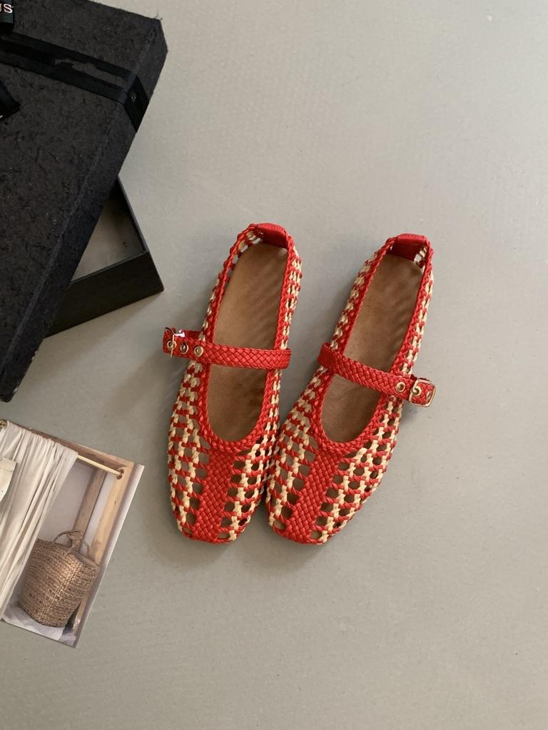 IPPEUM Mesh Ballet Flats Red Mary Janes Shoes WomenRound Toe 2025 New Pumps Flat Ballerina Shoes