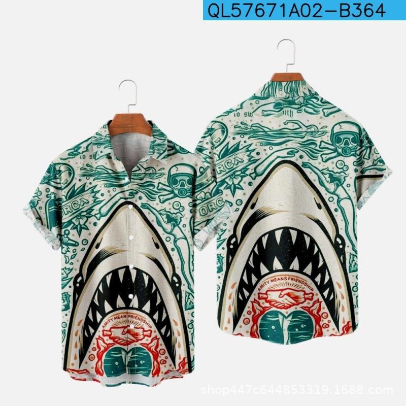 1116 New Shark 1d Printing Summer Casual Short Sleeve Shirt Men's Wholesale Manufacturer Europe