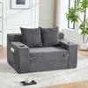 Sofá-cama duplo moderno, um sofá confortável feito de caxemira, com duas almofadas e um porta-copos, também com um pufe elegante com arrumação lateral.