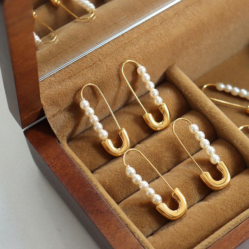 European & American Retro Style Paperclip Faux Pearl Titanium Steel 18K Gold-Plated Earrings
