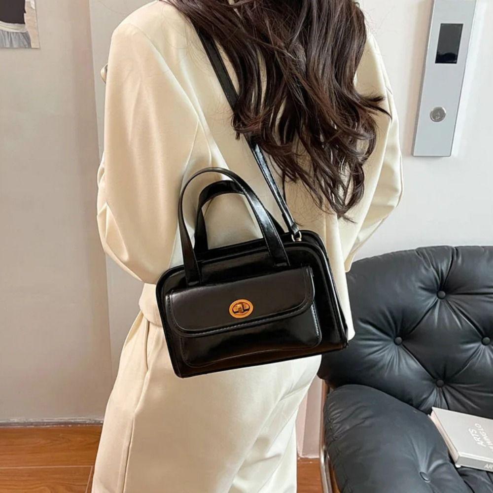 Solid Color Pocket Boston Tote Bag Handbag Underarm Bag Temperament PU Bowling Bag  Women