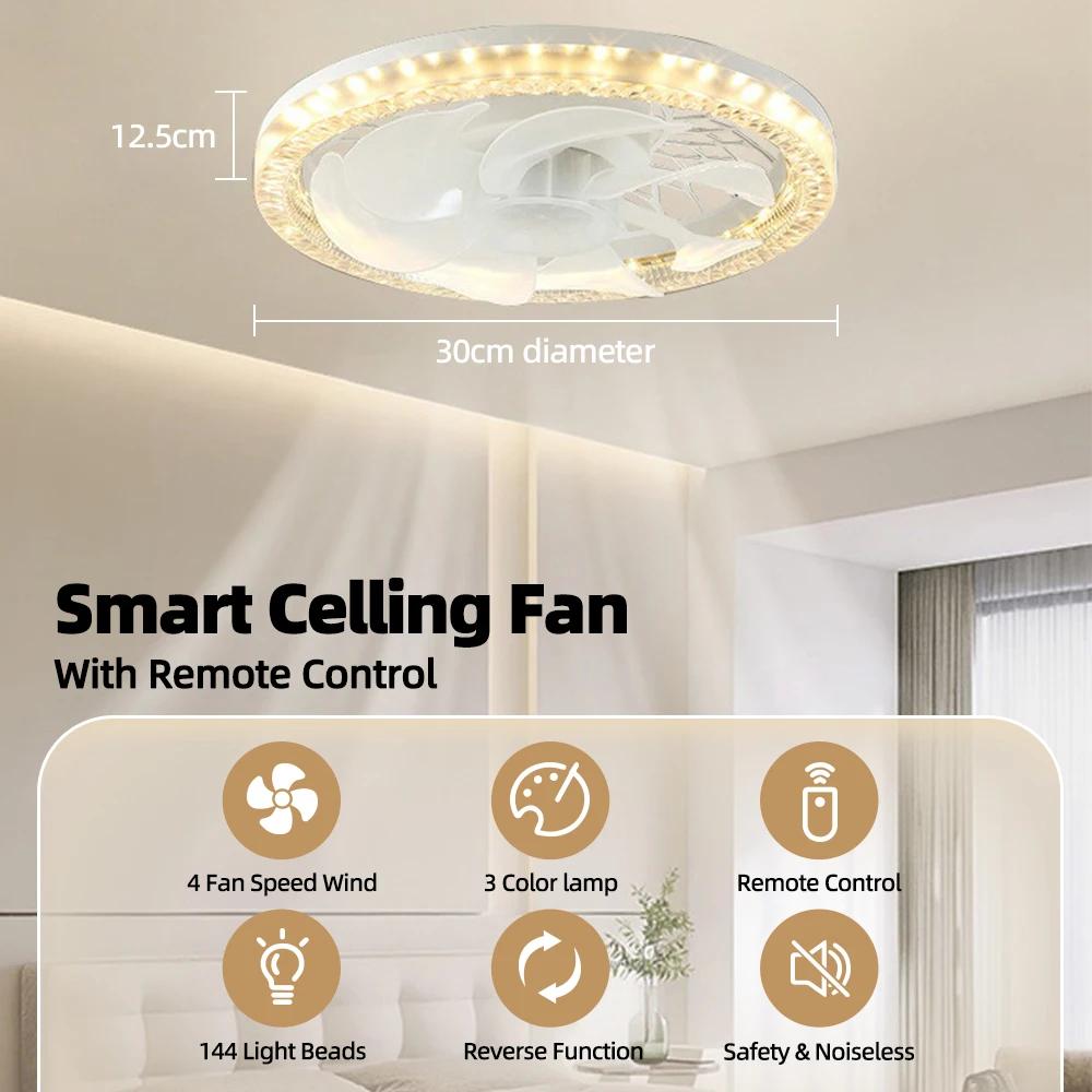 Modern Ceiling Fan Light LED Intelligent  Remote Control Dimmable Quiet Bedroom Restaurant Living Room E27 Base Ceiling Fan